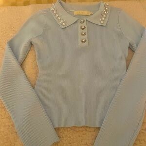 L+C  (Medium) Pearl & Rhinestone Sequins Embellished Pastel Blue Ribbed Sweater
